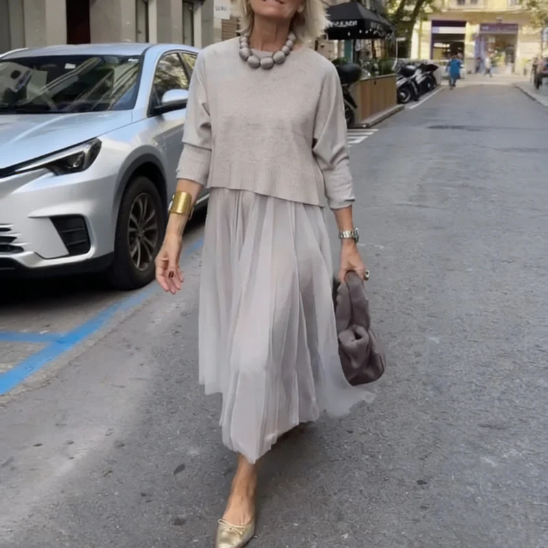 Women's Long-Sleeve Tops & Sleeveless Dress 2-Piece Set